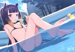 Rule 34 | 1girl, absurdres, barefoot, bikini, black bikini, blue eyes, cloud, commission, day, feet, flat chest, food, food in mouth, gloves, gradient hair, half gloves, highres, holding, hololive, hololive english, long hair, looking at viewer, micro bikini, mole, mole under eye, multicolored hair, ninomae ina&#039;nis, orange hair, outdoors, partially submerged, partially underwater shot, ponytail, pool, popsicle, popsicle in mouth, purple hair, rubber duck, signalviolet, signature, sitting, skeb commission, sky, soles, solo, swimsuit, tentacle hair, toes, tree, underwater, very long hair, virtual youtuber, wading pool, water, wet