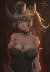 Rule 34 | 1girl, arm at side, backlighting, bare shoulders, black dress, blonde hair, bowsette, bracelet, breasts, brooch, cleavage, collar, collarbone, dark, dress, hand on own breast, head tilt, horns, indoors, jewelry, large breasts, lips, long hair, looking at viewer, looking to the side, mario (series), new super mario bros. u deluxe, nintendo, parted lips, pointy ears, ponytail, red eyes, seductive smile, sidelocks, skindentation, smile, solo, spiked bracelet, spiked collar, spikes, strapless, strapless dress, super crown, taut clothes, taut dress, teeth, tsurime, upper body