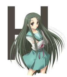 Rule 34 | 00s, green hair, long hair, satomi (black scarecrow), school uniform, serafuku, solo, suzumiya haruhi no yuuutsu, tsuruya, very long hair