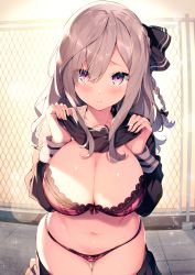 Rule 34 | 1girl, backlighting, bad id, bad pixiv id, black shirt, black skirt, blush, bow, bra, braid, breasts, chain-link fence, cleavage, closed mouth, clothes lift, clothes pull, cowboy shot, fence, frown, hair between eyes, hair bow, hands up, highres, kat (bu-kunn), lace, lace-trimmed bra, lace trim, large breasts, lifted by self, lingerie, long hair, long sleeves, looking at viewer, miniskirt, navel, original, outdoors, panties, plaid, plaid bra, plaid panties, purple eyes, red bra, red panties, school uniform, shirt, shirt lift, silver hair, skirt, skirt pull, solo, standing, stomach, sunlight, sweat, thigh gap, tile floor, tiles, underwear