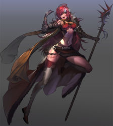 Rule 34 | 1girl, boots, breasts, cape, cleavage, full body, gauntlets, headband, heroes lore v, large breasts, long hair, midriff, miniskirt, navel, red hair, repi, skirt, solo, staff, thigh boots, thighhighs