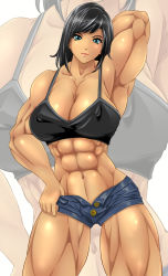 Rule 34 | 1girl, abs, alop-net, arm behind head, black hair, blue eyes, breasts, character request, dark skin, dark-skinned female, female focus, highres, large breasts, macto, muscular, short shorts, shorts, solo, source request, tank top, undressing