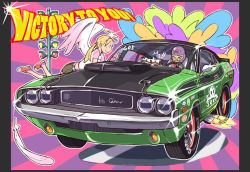 Rule 34 | 1boy, 1girl, angel, angel wings, blonde hair, blush, car, challenger, dodge (company), dodge challenger, dodge challenger (1st generation), dog, feathers, halo, left-hand drive, mask, motor vehicle, muscle car, negishi hideto, original, pillarboxed, raglan sleeves, smile, twintails, vehicle, vehicle focus, wings