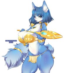 Rule 34 | 1girl, animal ears, aqua eyes, artist name, blue hair, blush, breasts, cherrikissu, circlet, claws, cleavage, closed mouth, dated, female focus, fox ears, fox tail, furry, furry female, groin, hands up, holding, holding staff, jewelry, krystal, large breasts, loincloth, navel, necklace, nintendo, short hair, shoulder pads, simple background, solo, staff, standing, star fox, tail, watermark, white background