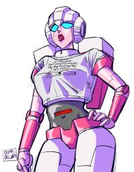 Rule 34 | 1girl, absurdres, arcee, artist name, autobot, blue eyes, bottomless, breasts, clothed robot, dumbdelvon, english text, hand on own hip, highres, looking up, mecha, medium breasts, meme attire, parted lips, red lips, robot, transformers, white background