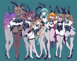 6+girls animal_ears big_hair black_leotard blonde_hair blue_eyes blue_hair bow bowtie breasts bright_pupils brown_hair cleavage dark_skin detached_collar ears_through_headwear elbow_gloves eyepatch fake_animal_ears fake_tail fishnet_pantyhose fishnet_thighhighs fishnets gloves hat high_heels large_breasts leotard long_hair looking_at_viewer multiple_girls nanasemomoka one_eye_closed open_mouth orange_eyes orange_hair original pantyhose playboy_bunny rabbit_ears red_eyes red_hair round_eyewear strapless strapless_leotard tail tall_female tareme thighhighs traditional_bowtie tsurime twintails white_pupils white_wrist_cuffs wrist_cuffs yellow_eyes