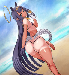 Rule 34 | 1girl, ass, bikini, drinking straw, drinking straw in mouth, flat chest, futanari, gloves, halo, highres, hololive, hololive english, jadf, long hair, ninomae ina&#039;nis, penis, pointy ears, purple hair, solo, swimsuit, tan, tanline, third-party edit, very long hair, virtual youtuber, wings