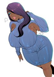 Rule 34 | 1girl, black hair, breasts, covered erect nipples, curvy, dark-skinned female, dark skin, denim, dress, elf-san wa yaserarenai., eure (elf-san wa yaserarenai.), eyeshadow, hair over one eye, hair over shoulder, huge breasts, lips, long hair, looking at viewer, makeup, mole, mole under mouth, no bra, solo, sweat, synecdoche, thick eyebrows, thick thighs, thighs, turtleneck, turtleneck dress, wide hips