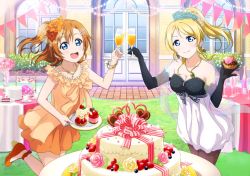 Rule 34 | 10s, 2girls, ayase eli, blonde hair, blue eyes, bottle, bracelet, cake, cake slice, cup, drinking glass, elbow gloves, flower, food, fork, fruit, gloves, grass, highres, jewelry, kosaka honoka, leg up, looking at viewer, love live!, love live! school idol festival, love live! school idol project, multiple girls, official art, open mouth, outdoors, pantyhose, ponytail, short hair, side ponytail, strawberry, strawberry shortcake, table, tablecloth, third-party edit, tiered tray, wine bottle, wine glass