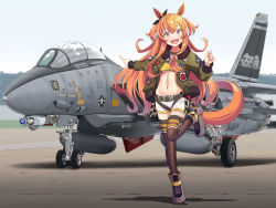 Rule 34 | 1girl, aircraft, airplane, animal ears, black thighhighs, blush, boots, crop top, dog tags, f-14 tomcat, fingernails, green jacket, groin, hair between eyes, highres, horse ears, horse girl, horse tail, jacket, long hair, long sleeves, mayano top gun (umamusume), name connection, navel, open clothes, open jacket, open mouth, orange eyes, orange hair, pointing, short shorts, shorts, smile, solo, standing, standing on one leg, tail, thighhighs, tussy, two side up, umamusume, vehicle focus, white shorts