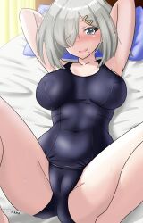 Rule 34 | 1girl, absurdres, arms behind head, bed, black one-piece swimsuit, blue eyes, breasts, cameltoe, cleft of venus, commentary, covered navel, english commentary, grey hair, hair ornament, hair over one eye, hairclip, hama (zarulzaharudin), hamakaze (kancolle), highres, kantai collection, large breasts, lying, m legs, one-piece swimsuit, pillow, school uniform, short hair, solo, spread legs, swimsuit