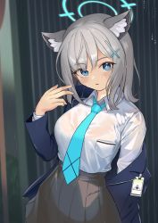 Rule 34 | 1girl, absurdres, animal ear fluff, animal ears, black jacket, black skirt, blazer, blue archive, blue eyes, blue necktie, blush, bra, bra visible through clothes, breasts, collared shirt, commentary request, frilled bra, frills, grey hair, hair between eyes, hair ornament, halo, hand up, highres, jacket, long sleeves, looking at viewer, medium breasts, mismatched pupils, nanana narang, necktie, off shoulder, open clothes, open jacket, parted lips, pleated skirt, rain, school uniform, shiroko (blue archive), shirt, skirt, solo, underwear, wet, wet hair, white bra, white shirt
