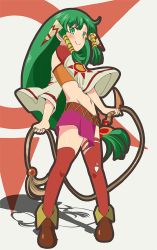 Rule 34 | blunt bangs, boots, colorized, commentary request, detached sleeves, feena (grandia), grandia, grandia i, green eyes, green hair, hair tubes, holding, holding weapon, holding whip, long hair, looking at viewer, low ponytail, midriff, miniskirt, shadow, shino (ponjiyuusu), sidelocks, skirt, smile, solo, strapless, thighhighs, translation request, tube top, very long hair, weapon, whip, wide sleeves