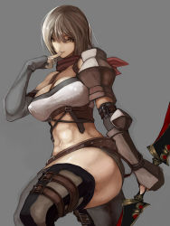Rule 34 | 1girl, armor, asanuma, bad id, bad pixiv id, blade, blonde hair, breasts, brown eyes, fantasy earth zero, fingerless gloves, gloves, large breasts, long hair, midriff, navel, simple background, solo, thighhighs
