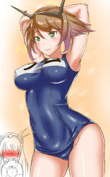 Rule 34 | 10s, 2girls, arms behind head, arms up, blush, breasts, brown hair, green eyes, headgear, highres, kantai collection, large breasts, mizuse kouichi, multiple girls, mutsu (kancolle), nagato (kancolle), one-piece swimsuit, personification, school swimsuit, short hair, swimsuit