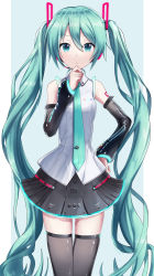 Rule 34 | 1girl, absurdres, aqua eyes, aqua hair, aqua necktie, bare shoulders, black skirt, black sleeves, black thighhighs, blouse, closed mouth, clothes writing, commentary, cowboy shot, detached sleeves, english commentary, glowing, hair ornament, hand on own hip, hand on own chin, hatsune miku, hatsune miku (vocaloid4), headphones, headset, highres, itogari, long hair, looking at viewer, miniskirt, necktie, pleated skirt, see-through, see-through legwear, see-through sleeves, shirt, shoulder tattoo, skindentation, skinny, skirt, sleeveless, sleeveless shirt, solo, tattoo, thighhighs, thinking, twintails, v4x, very long hair, vocaloid, white shirt, zettai ryouiki