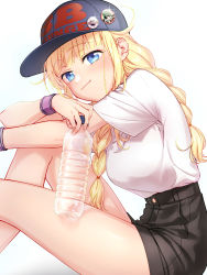 Rule 34 | 1girl, badge, bare legs, baseball cap, black shorts, bliss (ferment factory), blonde hair, blue eyes, bottle, braid, breasts, button badge, caustics, closed mouth, diffraction spikes, from side, hat, high-waist shorts, highres, knees up, long hair, looking at viewer, medium breasts, paripi koumei, shirt, shirt tucked in, short shorts, short sleeves, shorts, sitting, smile, smirk, tented shirt, thighs, tsukimi eiko, twin braids, water bottle, white shirt, wristband