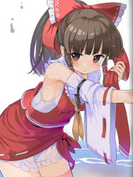 Rule 34 | 1girl, arm belt, armpit peek, ascot, bare shoulders, bloomers, blush, bow, brown eyes, brown hair, close-up, commentary request, cowboy shot, detached sleeves, frilled hair tubes, frills, hair bow, hair tubes, hakurei reimu, highres, looking at viewer, parted lips, ponytail, puuakachan, red bow, red shirt, red skirt, ribbon-trimmed sleeves, ribbon trim, shirt, simple background, skirt, solo, thighs, touhou, wading, water, wet, wet bloomers, wet clothes, white background, wide sleeves, yellow ascot
