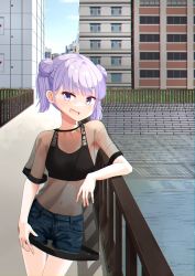 Rule 34 | 1girl, :d, absurdres, black sports bra, blue shorts, copyright name, cowboy shot, denim, denim shorts, double bun, grey hair, hair bun, highres, leaning to the side, looking at viewer, midriff, navel, new game!, open mouth, purple eyes, see-through, see-through shirt, short hair, short shorts, short sleeves, short twintails, shorts, smile, solo, sports bra, standing, stomach, suzukaze aoba, thigh gap, tombox, twintails