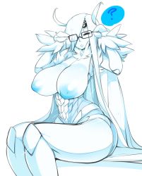 Rule 34 | 1girl, ?, arthropod girl, blue nipples, breasts, colored nipples, colored skin, extra eyes, eyelashes, closed eyes, female focus, glasses, highres, huge breasts, large areolae, long hair, monochrome, monster girl, nipples, scleriteaeaeaggadah, sitting, slugbox, solo, thighs, white background, white hair, white skin