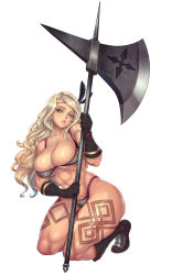 Rule 34 | 1girl, abs, amazon (dragon&#039;s crown), armband, armlet, armor, axe, bikini, bikini armor, blonde hair, boots, breasts, circlet, dragon&#039;s crown, feathers, gloves, green eyes, halberd, headband, highres, large breasts, long hair, muscular, panties, polearm, sethxzoe, solo, swimsuit, tattoo, thick thighs, thighs, thong, underwear, vanillaware, weapon, wide hips