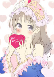 Rule 34 | 1girl, absurdres, atelier (series), atelier totori, bad id, bad pixiv id, blush stickers, breasts, brown hair, candy, chocolate, chocolate heart, collarbone, detached sleeves, dress, food, happy valentine, headdress, heart, highres, holding, holding chocolate, holding food, long hair, minidraco, small breasts, solo, totooria helmold, valentine