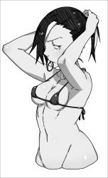 Rule 34 | 1girl, adjusting hair, arms up, bikini, bikini top only, black hood, breasts, cross, greyscale, groin, hair over one eye, highres, jewelry, kamezaemon, md5 mismatch, micro bikini, monochrome, mouth hold, multicolored hair, navel, necklace, no legs, original, ponytail, rubber band, small breasts, solo, swimsuit, two-tone hair