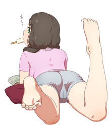 Rule 34 | 10s, 1girl, akanishi erika, ass, bare legs, barefoot, book, braid, brown hair, ebinera, feet, green eyes, highres, idolmaster, idolmaster cinderella girls, leg up, long hair, looking back, lying, melting, mouth hold, on stomach, pillow, popsicle, shorts, soles, solo, toes, twin braids