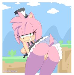 Rule 34 | 1girl, amy rose, ass, bluebreed, blush, bottomless, breasts, cleft of venus, furry, gothic lolita, green eyes, highres, lolita fashion, looking at viewer, looking back, pussy, sonic (series), tail
