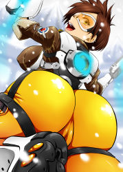 Rule 34 | 1girl, absurdres, ass, bodysuit, breasts, brown hair, cameltoe, dual wielding, ear piercing, earrings, from behind, gloves, goggles, gun, handgun, henriiku (ahemaru), highres, holding, huge ass, jacket, jewelry, large breasts, looking at viewer, looking back, open mouth, overwatch, overwatch 1, piercing, short hair, skin tight, smile, solo, spiked hair, tracer (overwatch), weapon, yellow eyes