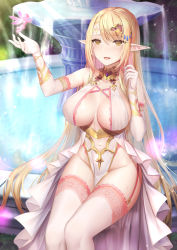 Rule 34 | 1girl, arm up, bare shoulders, blonde hair, breasts, cleavage, collarbone, dress, elf, fairy, fountain, garter straps, gold trim, groin, headdress, highres, large breasts, long hair, mizuya nao, no bra, no panties, original, pelvic curtain, pointy ears, revealing clothes, sitting, solo, thighhighs, thighs, very long hair, wet, white dress, white thighhighs, yellow eyes