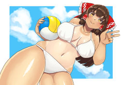 Rule 34 | 1girl, ball, bikini, blue sky, blush, bow, breasts, breasts apart, brown eyes, brown hair, closed mouth, cloud, commentary request, cookie (touhou), cowboy shot, frilled bow, frilled hair tubes, frills, hair bow, hair tubes, hakurei reimu, holding, holding ball, kanna (cookie), large breasts, long hair, looking at viewer, mo-fu, navel, red bow, shiny skin, sidelocks, sky, smile, solo, swimsuit, tan, tanline, touhou, volleyball, volleyball (object), white bikini