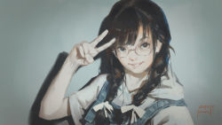 Rule 34 | 1girl, braid, brown hair, commentary request, dated, glasses, hair ribbon, highres, hood, hood down, hoodie, long hair, looking at viewer, making-of available, original, overalls, ribbon, short sleeves, signature, smile, solo, twin braids, twintails, upper body, v, white hoodie, white ribbon, xiaobanbei milk