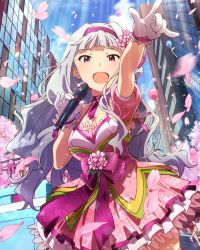 Rule 34 | 10s, 3girls, artist request, balloon, cherry blossoms, gloves, hairband, idolmaster, idolmaster (classic), idolmaster million live!, long hair, microphone, multiple girls, official art, open mouth, pink eyes, pink hairband, pointing, shijou takane, silver hair, smile, white gloves