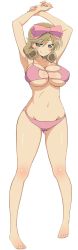 10s 1girl absurdres armpits bare_shoulders barefoot bikini breasts curvy dot_nose feet female_focus full_body haruka_(senran_kagura) highres large_breasts navel pink_bikini senran_kagura shiny_clothes shiny_skin smile solo standing swimsuit toes torii_takashi underboob