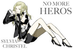 Rule 34 | 1girl, blonde hair, bra, buzz (moi), english text, engrish text, grasshopper manufacture, high heels, legs, lingerie, no more heroes, open clothes, open shirt, ranguage, shirt, shoes, sitting, solo, sylvia christel, twintails, underwear