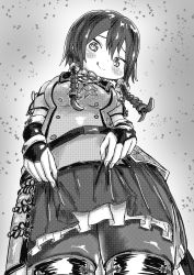 Rule 34 | 1girl, :q, absurdres, ao daidai ki, assault lily, bare shoulders, belt, belt buckle, blush, bow, bowtie, braid, breasts, bridal gauntlets, buckle, buttons, closed mouth, clothes lift, clothing cutout, commentary, cowboy shot, elbow gloves, fingernails, flower knot, foreshortening, from below, gloves, gradient background, grey background, greyscale, hair between eyes, highres, jacket, lifting own clothes, long hair, looking at viewer, looking down, low twin braids, low twintails, medium breasts, miniskirt, monochrome, pantyhose, raised eyebrows, sailor collar, school uniform, serafuku, short sleeves, shoulder cutout, skirt, skirt lift, smile, solo, standing, thighhighs, thighhighs over pantyhose, tongue, tongue out, twin braids, twintails, wang lifen