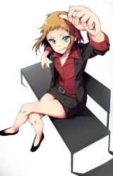 Rule 34 | 10s, 1girl, belt, bench, brown hair, collared shirt, flats, green eyes, highres, jacket, kakutasu, kira tsubasa, crossed legs, licking lips, looking at viewer, love live!, love live! school idol project, nail polish, on bench, open clothes, open jacket, pencil skirt, red nails, shirt, shoes, sitting, skirt, solo, suit jacket, tongue, tongue out
