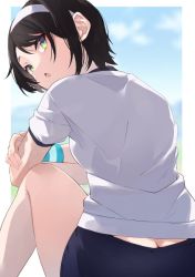 Rule 34 | 1girl, ass, black hair, blue buruma, blue eyes, blue sky, blurry, blurry background, border, breasts, buruma, butt crack, cloud, elbow on knee, feet out of frame, from behind, hairband, hololive, looking at viewer, oozora subaru, open mouth, out of frame, outdoors, outside border, shirt, short hair, short sleeves, sidelocks, sitting, sky, small breasts, solo, sweatband, swept bangs, thighs, tsushi, virtual youtuber, white border, white hairband, white shirt, wristband