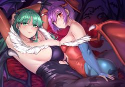 Rule 34 | 2girls, arm behind head, bat (animal), blue pantyhose, blunt bangs, breasts, bridal gauntlets, cleavage, closed mouth, demon girl, demon wings, fingernails, green eyes, green hair, hair between eyes, hand on another&#039;s thigh, hand on own head, head wings, large breasts, lilith aensland, lips, long fingernails, long hair, looking at viewer, lying, medium breasts, moisture (chichi), morrigan aensland, multiple girls, nail polish, on back, pantyhose, parted bangs, purple hair, red eyes, red nails, revision, siblings, sisters, skin tight, smile, vampire (game), wings