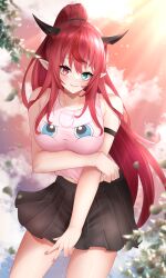 Rule 34 | 1girl, absurdres, alternate hairstyle, arm under breasts, bare shoulders, blush, breasts, closed mouth, cloud, gen 1 pokemon, green eyes, heterochromia, highres, hololive, hololive english, horns, irys (hololive), jigglypuff, large breasts, light rays, long hair, outdoors, pink nails, pokemon, ponytail, popcornflakes, red eyes, red hair, skirt, sky, smile, solo, standing, virtual youtuber