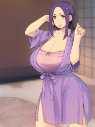 Rule 34 | 1girl, arm up, aunt, bed, blush, breasts, cleavage, closed mouth, cowboy shot, curvy, embarrassed, female focus, hair over shoulder, hand up, highres, huge breasts, indoors, jewelry, legs, legs apart, looking at viewer, medium hair, nose blush, original, pajamas, purple hair, red eyes, ring, solo, standing, thighs, wedding band, yoko juusuke