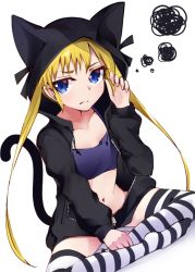 Rule 34 | 13-gou, 1girl, animal hood, blonde hair, blue eyes, cat hood, closed mouth, full body, hood, kill me baby, long hair, looking at viewer, navel, simple background, solo, sonya (kill me baby), striped clothes, striped thighhighs, thighhighs, twintails, white background