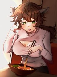 Rule 34 | animal ears, breasts, brown hair, cardigan, chiisaisan, chopsticks, cleavage, cleavage cutout, clothing cutout, food, green eyes, hand on own head, highres, large breasts, noodles, open cardigan, open clothes, open mouth, original, ramen, sweat