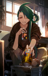 Rule 34 | 00kashian00, 1girl, absurdres, ahoge, alternate costume, bright pupils, can, commentary request, creatures (company), game freak, green hair, grin, hair over shoulder, highres, holding, holding can, incoming drink, indoors, long hair, looking at viewer, nintendo, one eye closed, pants, pokemon, pokemon sv, ponytail, red eyes, rika (pokemon), sitting, smile, solo, teeth, white pupils, window