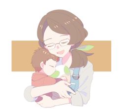 Rule 34 | 1boy, 1girl, :d, aged down, blue overalls, brown hair, carrying, closed eyes, commentary request, creatures (company), egg, eyelashes, galar mother, game freak, glasses, green ribbon, grey shirt, hair ribbon, hair tie, holding, holding egg, jiugong chi, long hair, mother (pokemon), mother and son, nintendo, open mouth, overalls, pokemon, pokemon egg, pokemon swsh, ribbon, shirt, sleeves rolled up, smile, tongue, victor (pokemon)