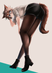 Rule 34 | 1girl, absurdres, animal ears, aqua eyes, ass, bent over, black-framed eyewear, black shorts, blush, breasts, brown footwear, brown hair, brown pantyhose, cat ears, cat tail, from behind, glasses, grey shirt, high heels, highres, looking at viewer, mole, mole under mouth, numaguro (tomokun0808), original, pantyhose, shirt, shoes, short hair, shorts, small breasts, solo, standing, tail