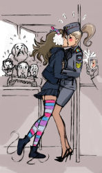 Rule 34 | 2girls, activist, coat, highres, kiss, multiple girls, police, police uniform, policewoman, pussy riot, russia, sketch, striped, thighhighs, uniform, yuri
