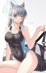 Rule 34 | 1girl, absurdres, akanora, animal ear fluff, animal ears, bag, black one-piece swimsuit, blue archive, blue eyes, breasts, competition swimsuit, covered navel, cross hair ornament, extra ears, grey hair, hair ornament, halo, highres, looking at viewer, low ponytail, medium breasts, medium hair, mismatched pupils, multicolored clothes, multicolored swimsuit, official alternate costume, one-piece swimsuit, shiroko (blue archive), shiroko (swimsuit) (blue archive), sitting, solo, swimsuit, wolf ears