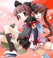 Rule 34 | 2girls, back-to-back, bow, brown eyes, brown hair, hair bow, multiple girls, noto (soranoto), original, thighhighs, twintails